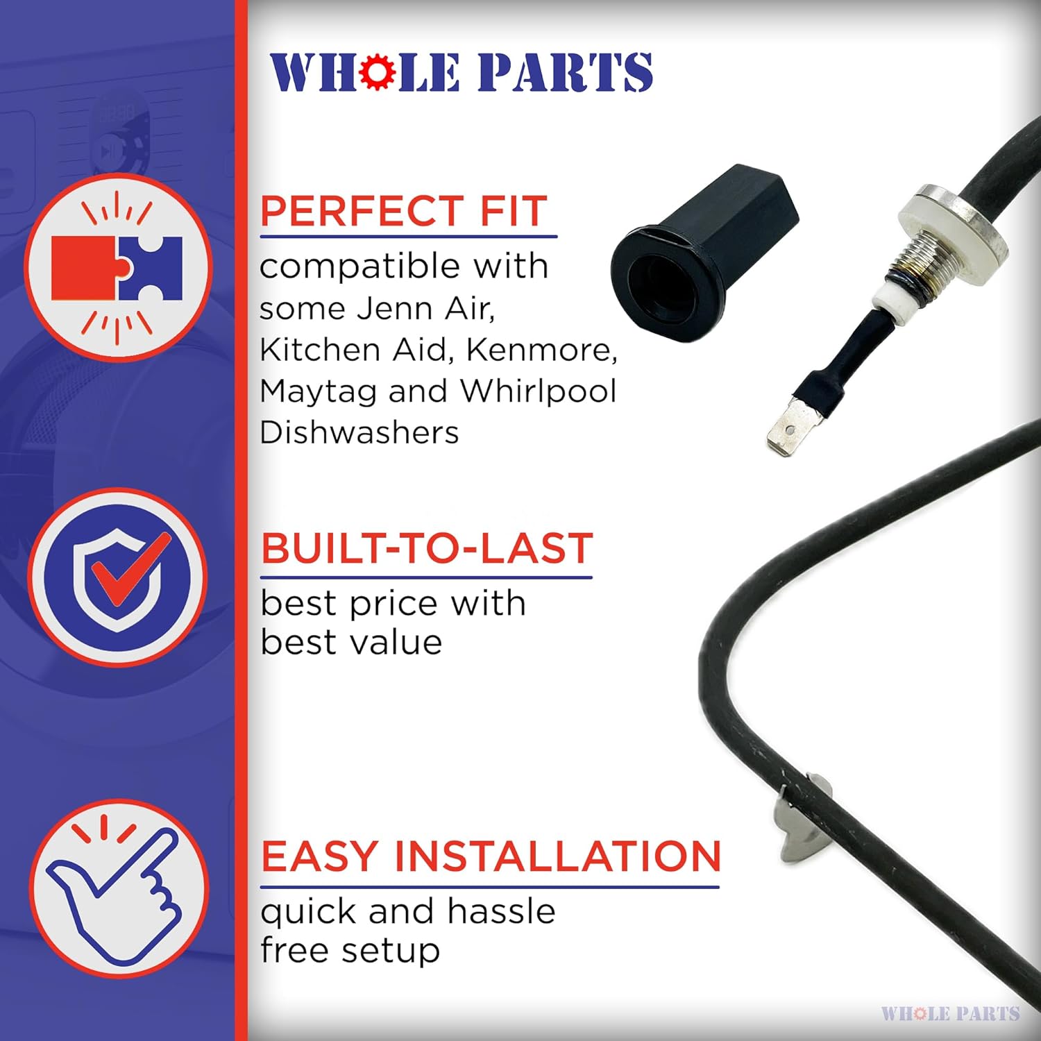 Whole Parts Dishwasher Heating Element Assembly Part# W11537778 - Replacement & Compatible with Some Jenn Air, Kitchen Aid, Kenmore, Maytag and Whirlpool Dishwashers