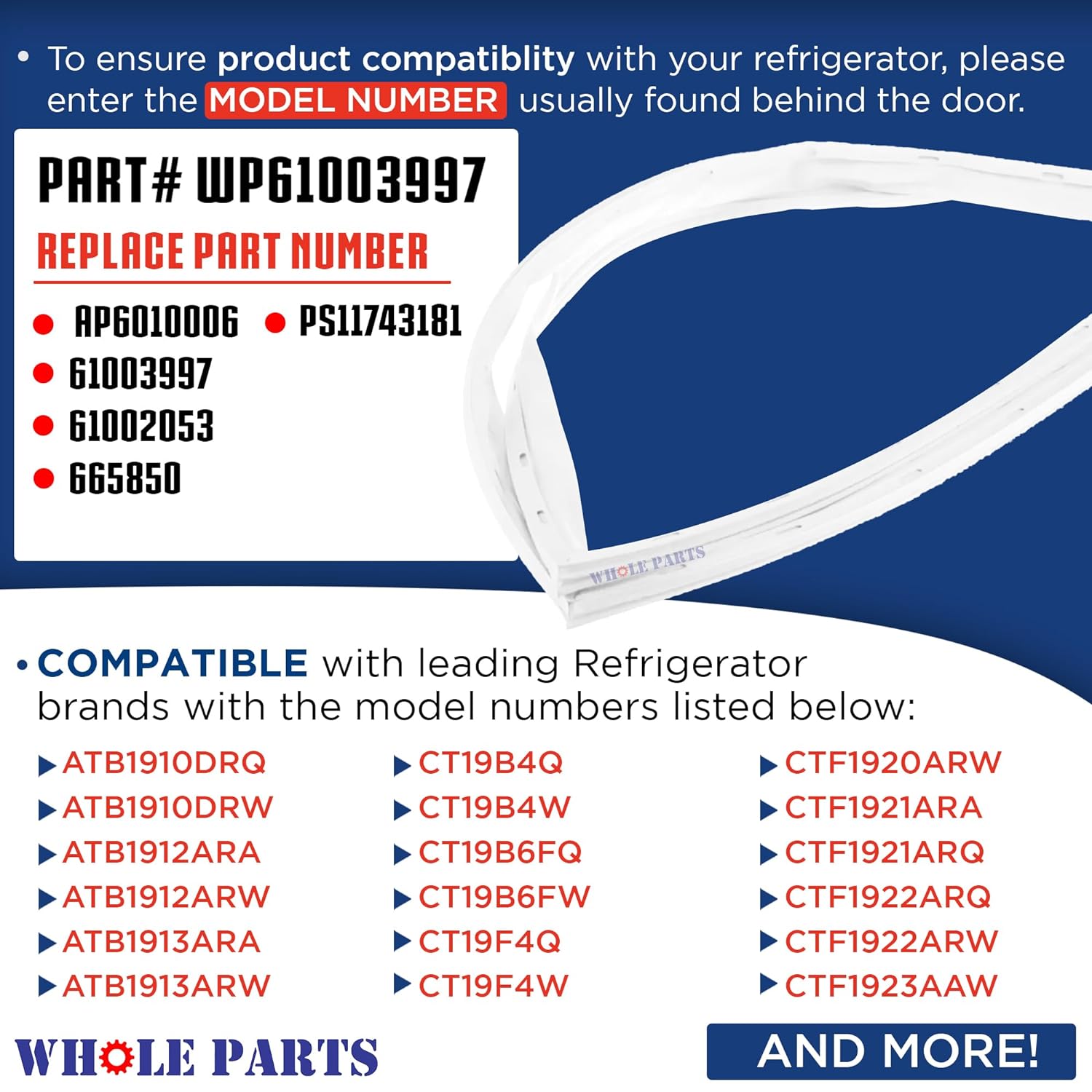New WP61003997 Refrigerator / Freezer Door Seal Gasket for Whirlpool