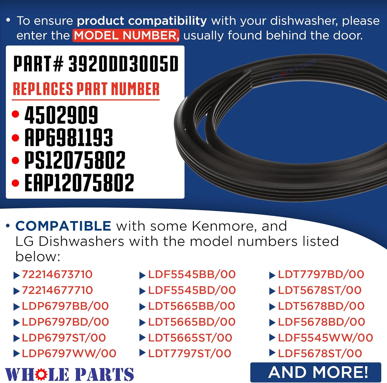 Whole Parts Dishwasher Door Seal Gasket Part# 3920DD3005D - Replacement & Compatible with Some Kenmore and LG Dishwashers
