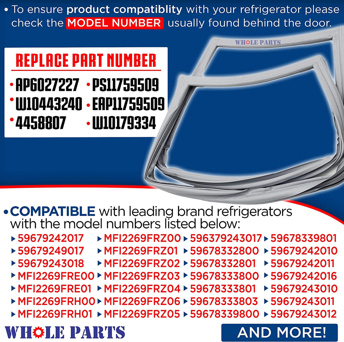 W10830048 Refrigerator Door Gasket (Left Side, Gray Color) for Whirlpo