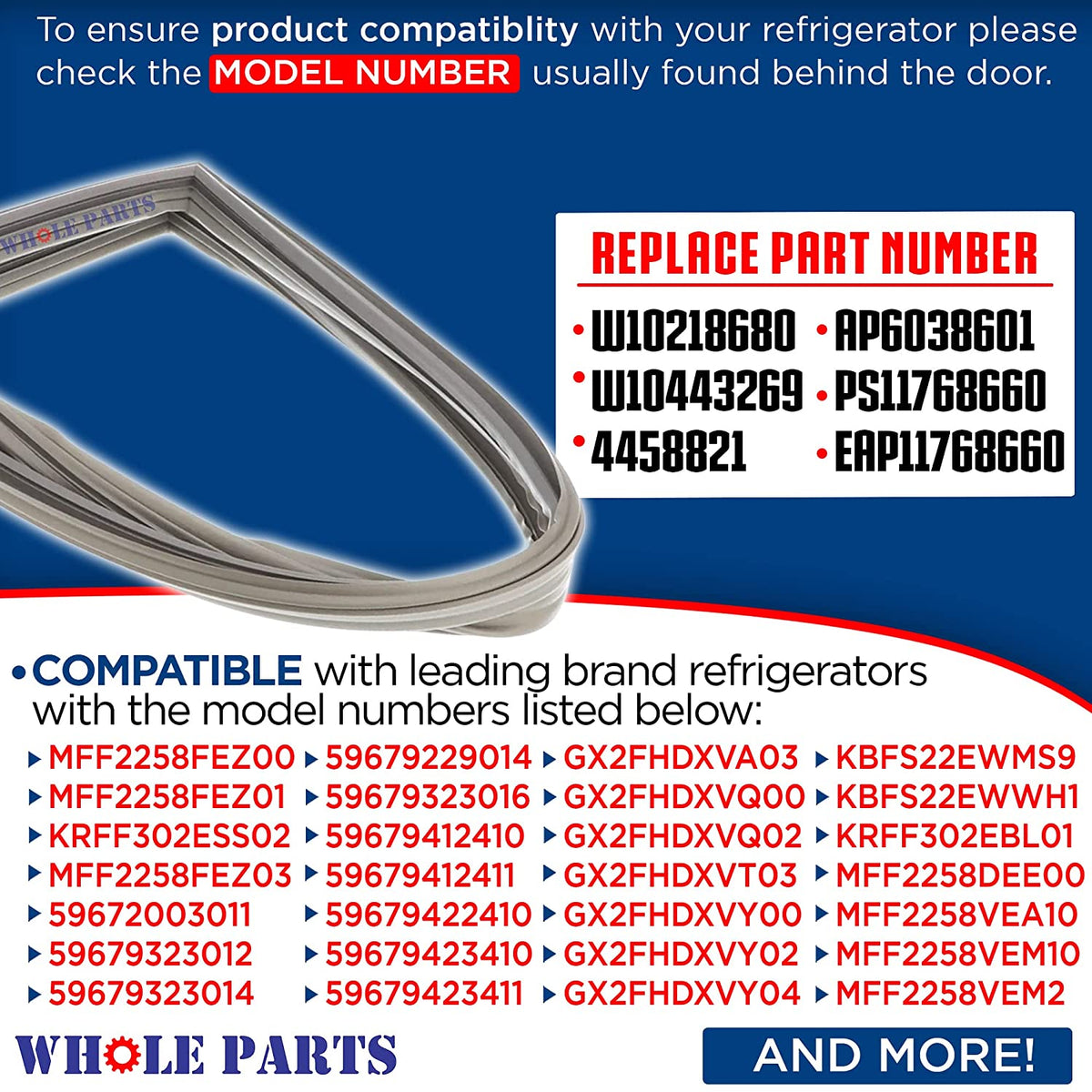 W10830283 Refrigerator Door Gasket, Gray Color, Left Side WHOLEPARTS