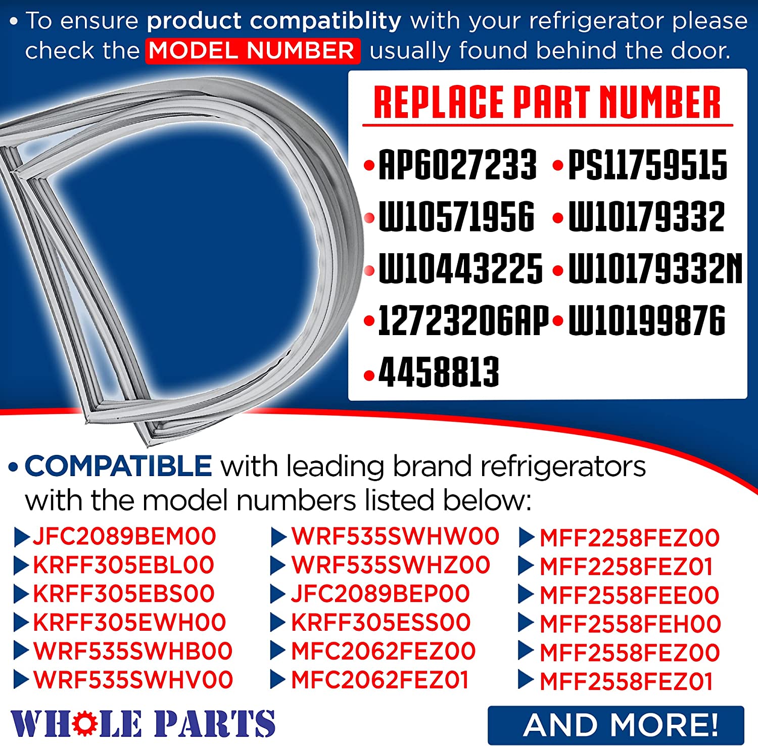 W10830162 Refrigerator French Door Gasket (Gray) for Whirlpool