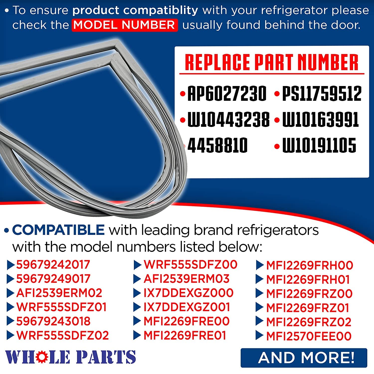W10830055 Refrigerator French Door Gasket (Gray) for Whirlpool
