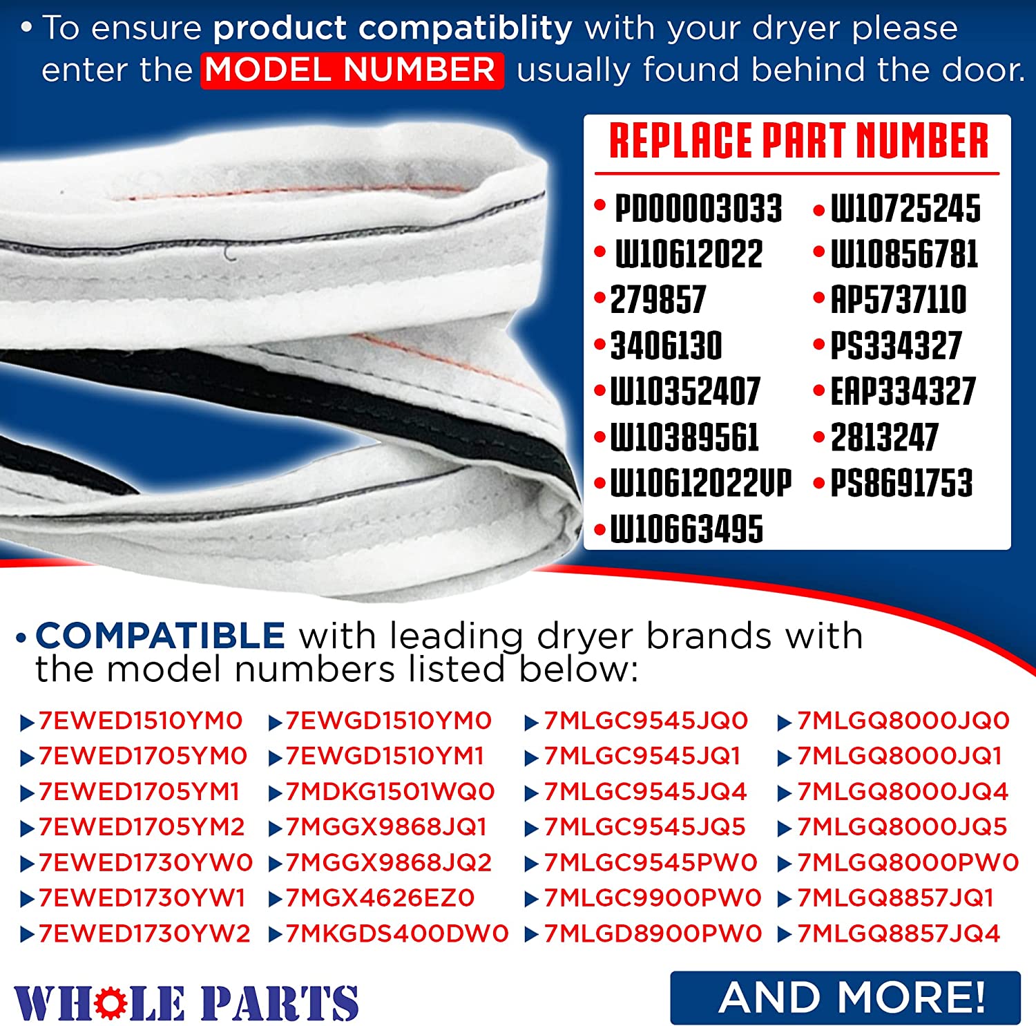 W10612022 Dryer Rear Drum Felt Seal (Includes Adhesive) for Whirlpool