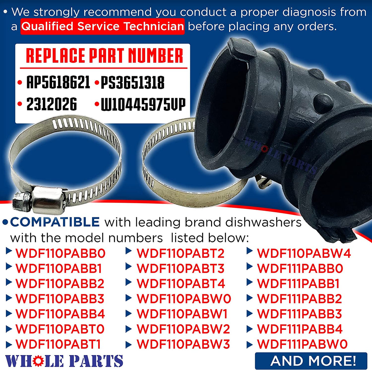 W10445975 Dishwasher Hose Assembly, Includes Two Clamps WHOLEPARTS