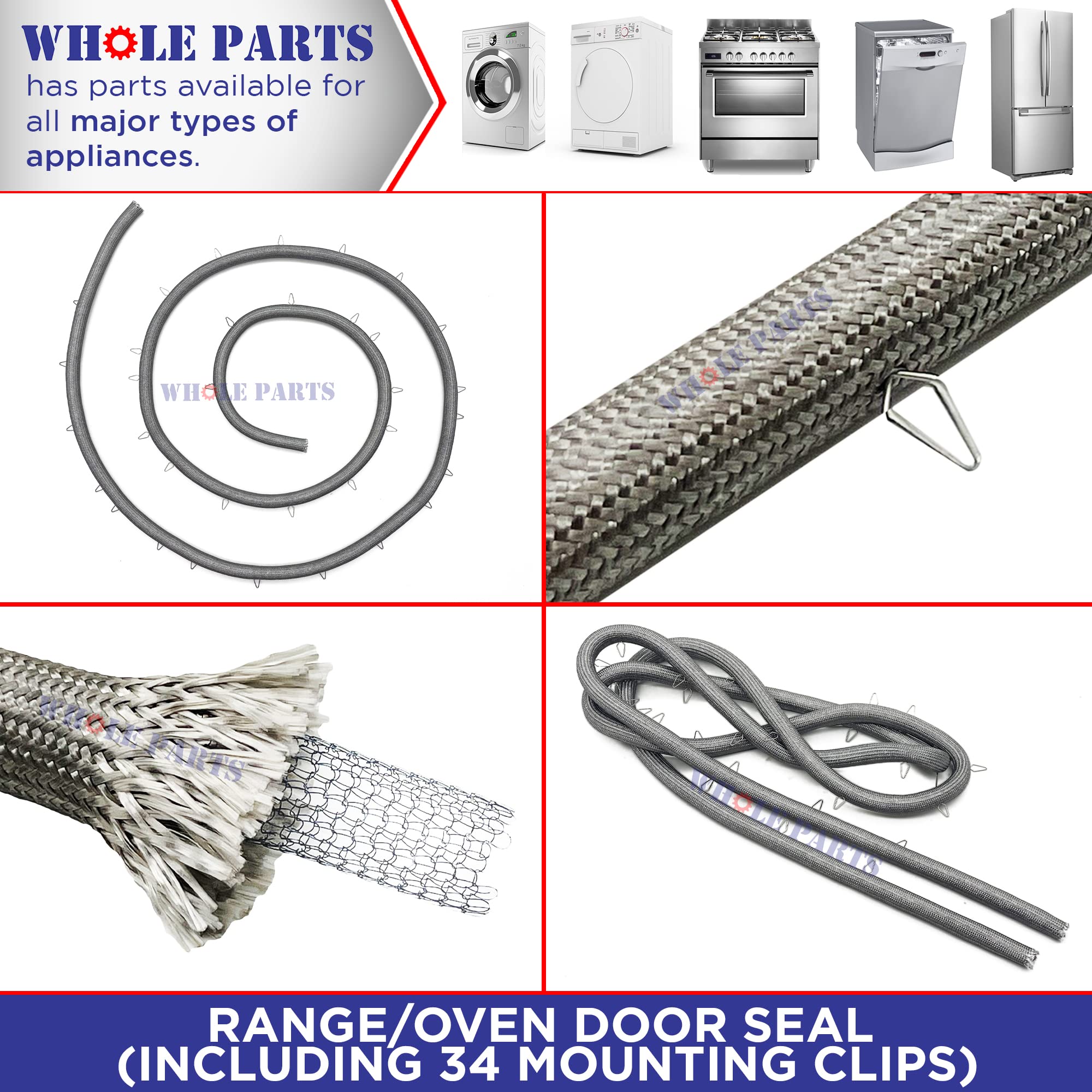 Whole Parts Range Oven Door Seal Gasket (with 25 Mounting Clips